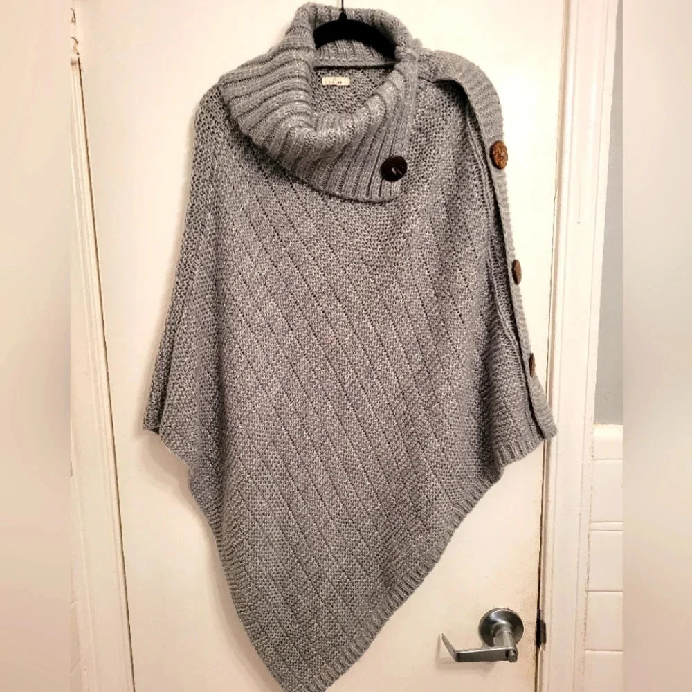 e LUNA gray knit split turtleneck pullover poncho sweater Women's OS warm cozy - Picture 2 of 7